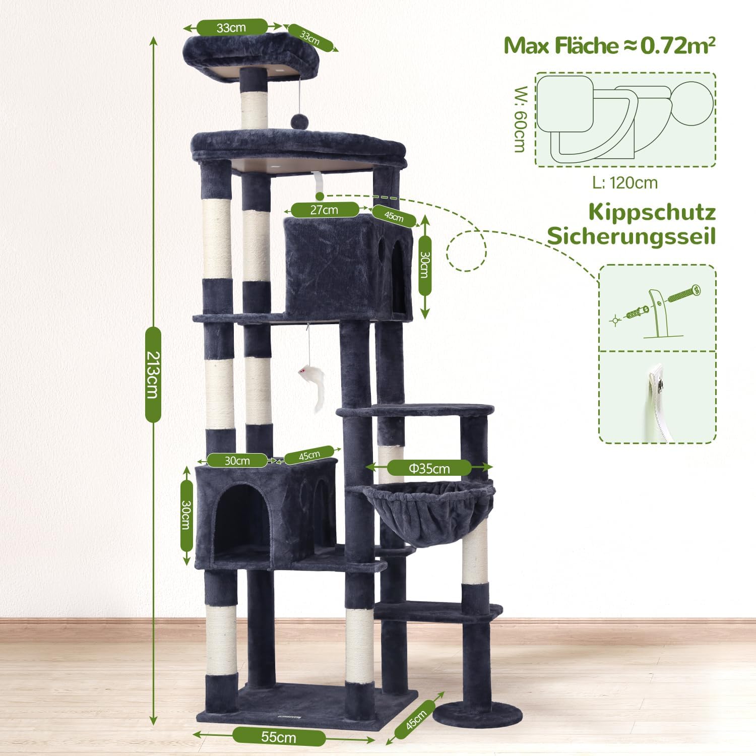 Thumbnail 1 de Globlazer XXL Kratzbaum für Große Katzen – 213 cm, stabil, mehrstöckig und mit Katzenhaus