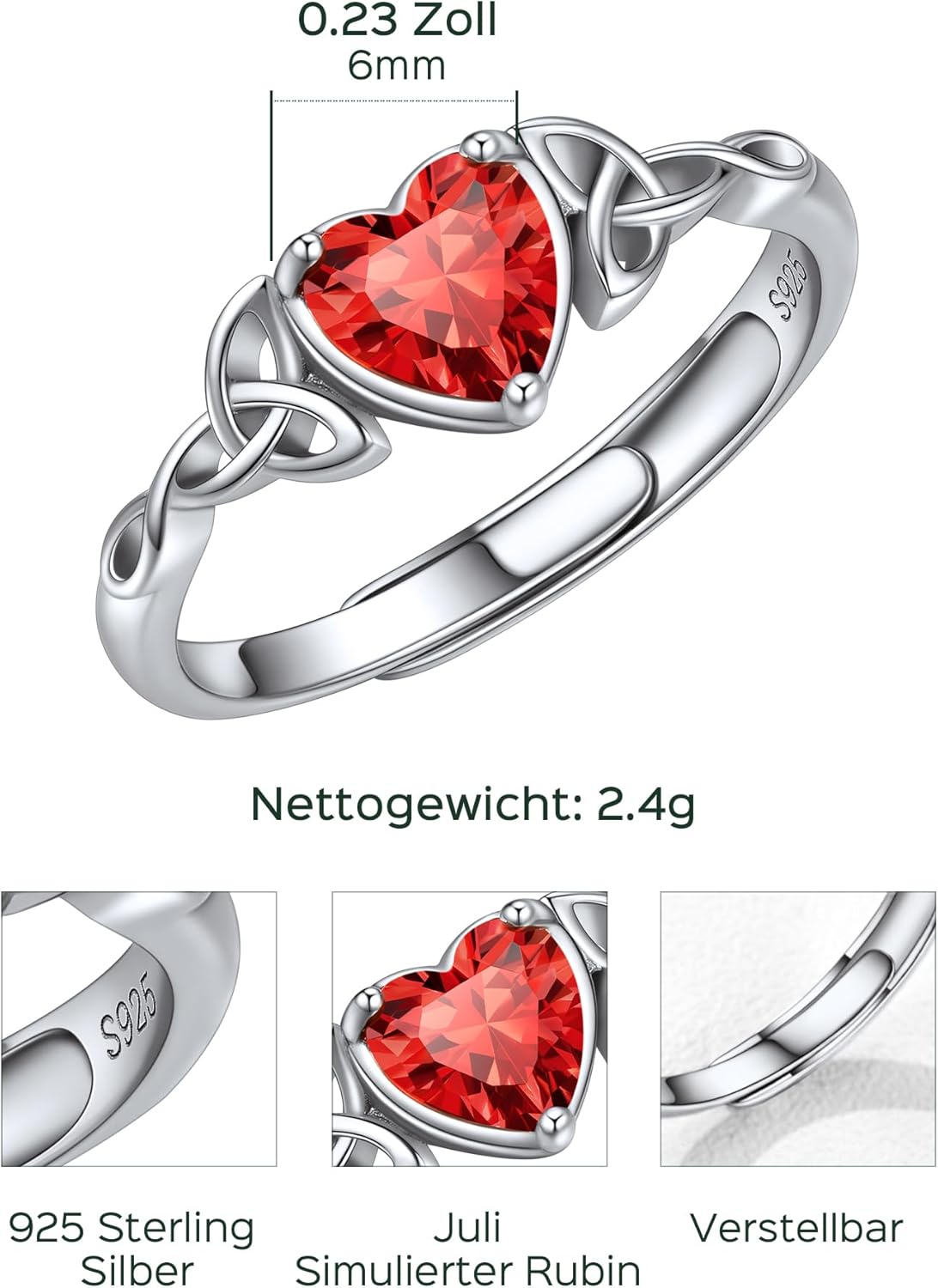 Thumbnail 2 de ChicSilver Ring 925 Silber Damen – VerstellbarerRing mit Zirkonia, Herz-Geburtsstein und keltischen Knotenelementen