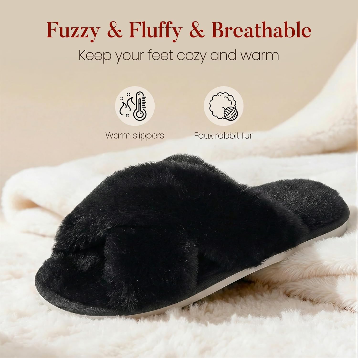 Thumbnail 2 de Ankis Women Camel Fluffy Slippers Memory Foam