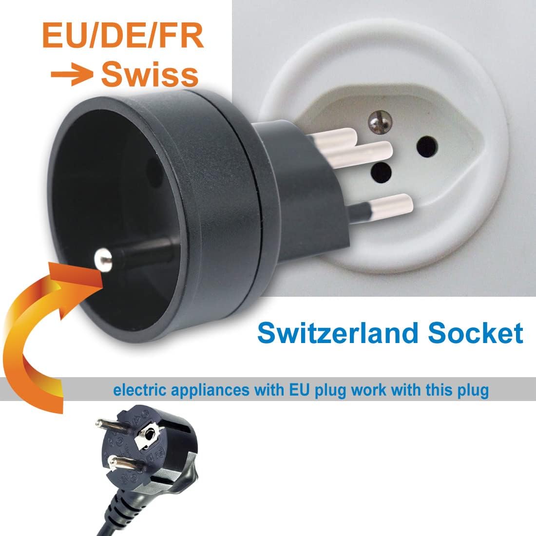 Thumbnail 4 de DentJet Adapterstecker EU auf Schweiz/Liechtenstein (3 Stück) – 2-poliger EU/FR/DE/IT/ES auf 3-polige Schweizer Steckdose