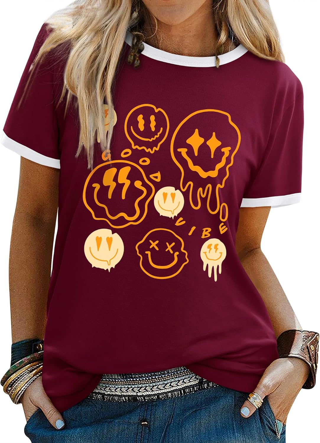 Thumbnail 6 de WIEIYM Women’s Funky Graphic T-Shirt with Smile Face Crew Neck