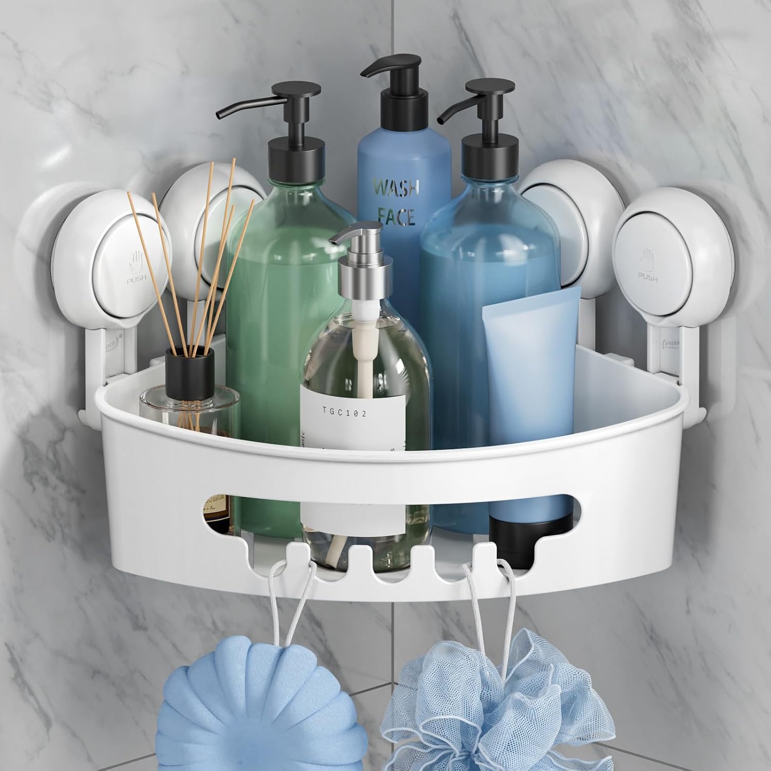 Detalle de TAILI AW909 Corner Shower Caddy, White Plastic, Drill-Free Suction Mount