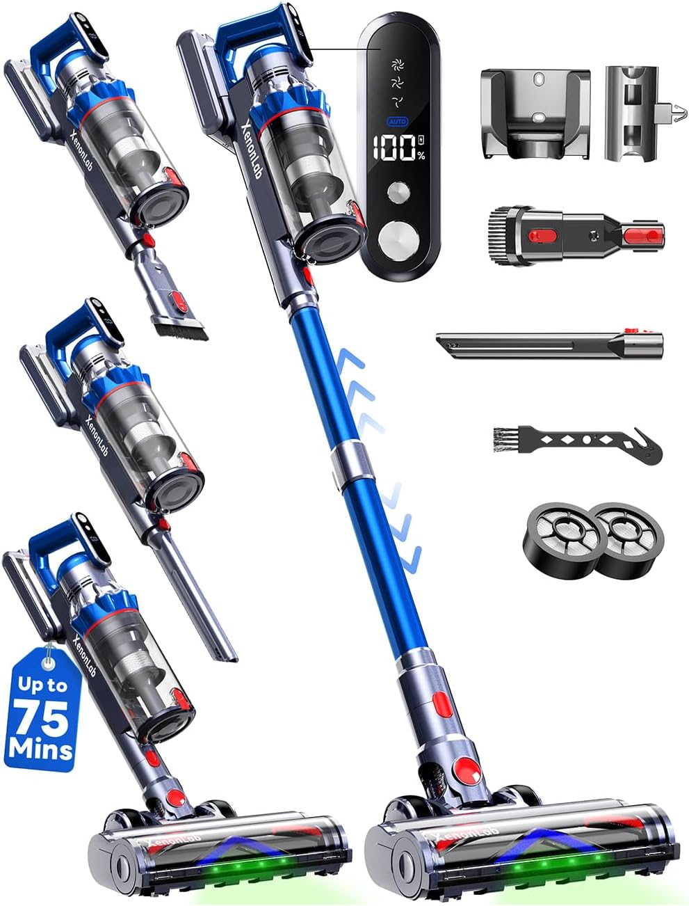 Detalle de XenonLab PW702 Cordless Stick Vacuum, 55 kPa Suction, 10-Stage Filtration