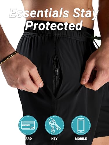 Detalle de Arcweg Bañadores cortos para hombres con malla, bolsillos con cremallera y secado rápido – Negro, talla L (EU)