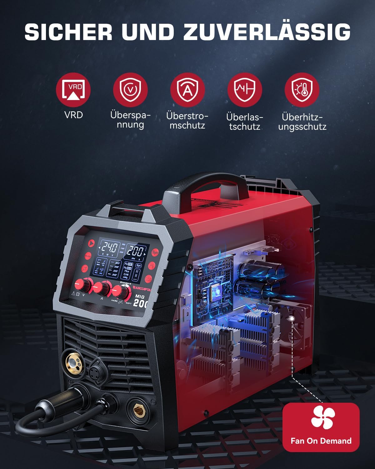 Thumbnail 6 de ARCCAPTAIN MIG MAG Schweißgerät 200 A 7‑in‑1 (IGBT Inverter, 230 V) für MIG/MAG, Fülldraht, MMA, Lift TIG, Spool Gun und Punktschweißen