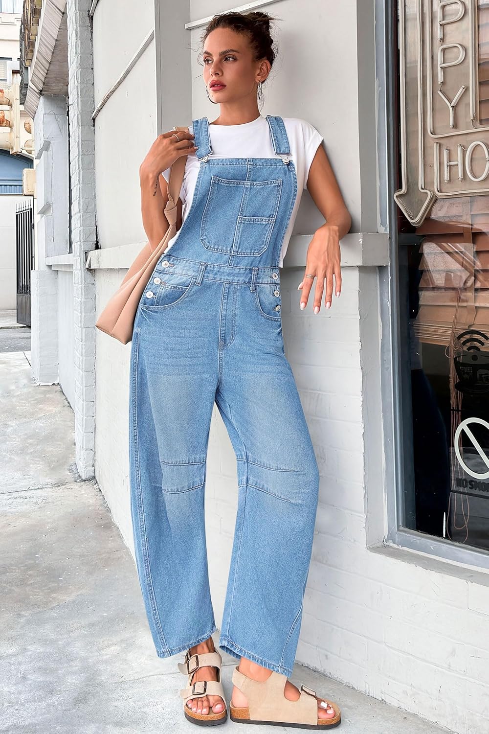 Detalle de PLNOTME Women's Denim Barrel Leg Adjustable Strap Overalls with Pockets