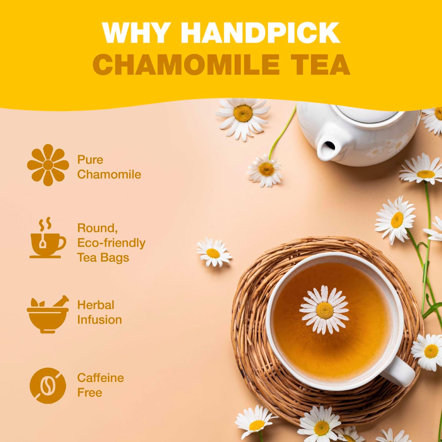 Detalle de HANDPICK Tisane de Camomille – 100 Sachets Écoresponsables, Sans Caféine & 100% Fleurs de Camomille Pur