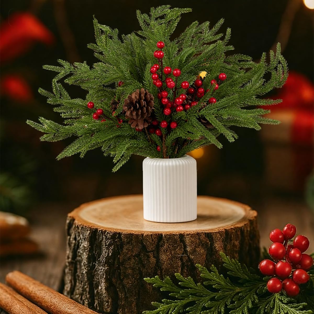 Detalle 2 de HBell 6Pcs Norfolk Pine Stems, 18" Real Touch Artificial Pine Branches with Pine Cones and Red Berries