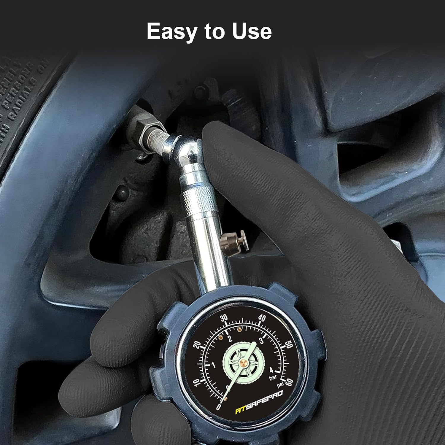 Detalle 2 de ATsafepro Tyre Pressure Gauge UK 4 bar / 60 psi with Glow Dial – Durable Mechanical Gauge for Cars, Trucks and Motorcycles