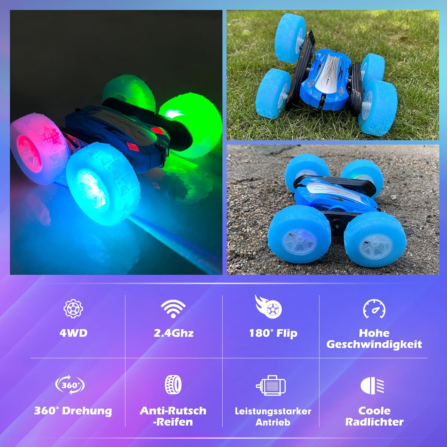 Detalle 2 de Rodzon Ferngesteuertes Auto 360° Flip – LED-Räder, 2.4 GHz, ab 6 Jahren, Blau
