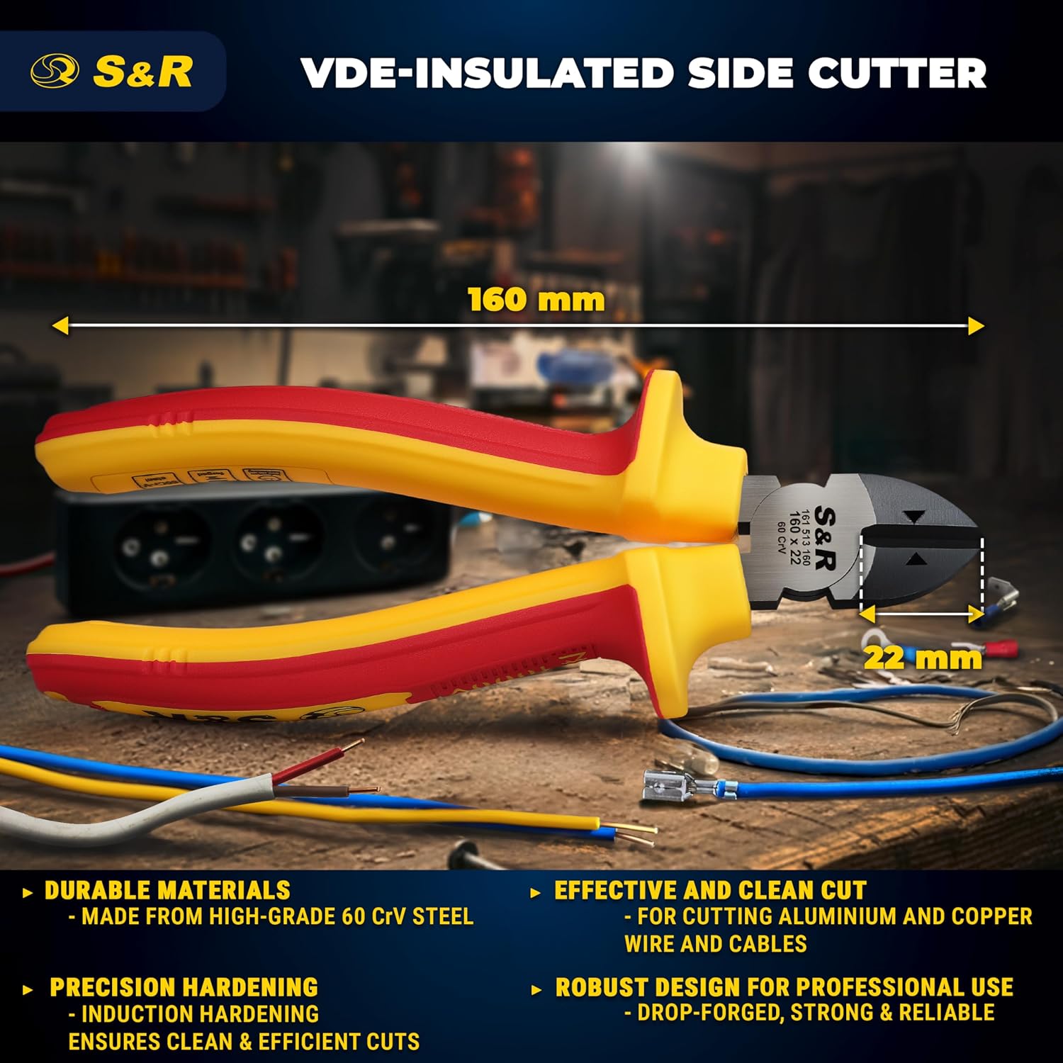 Thumbnail 1 de S&R VDE Insulated Diagonal Side Cutter 160mm – 1000V Rated Wire Cutting Pliers