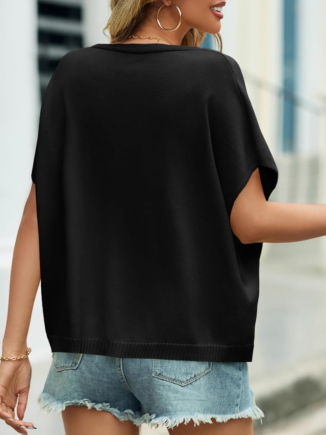 Detalle de Saodimallsu Women's Summer Oversized Cardigan with Batwing Short Sleeves and V-Neck
