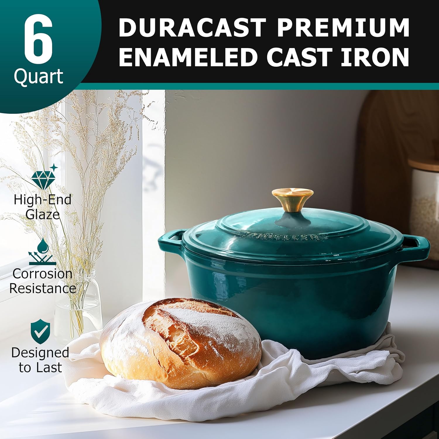 Thumbnail 1 de Mueller DuraCast 6 Quart Enameled Cast Iron Dutch Oven with Lid (Emerald) — 500°F Oven Safe, PFOA-Free