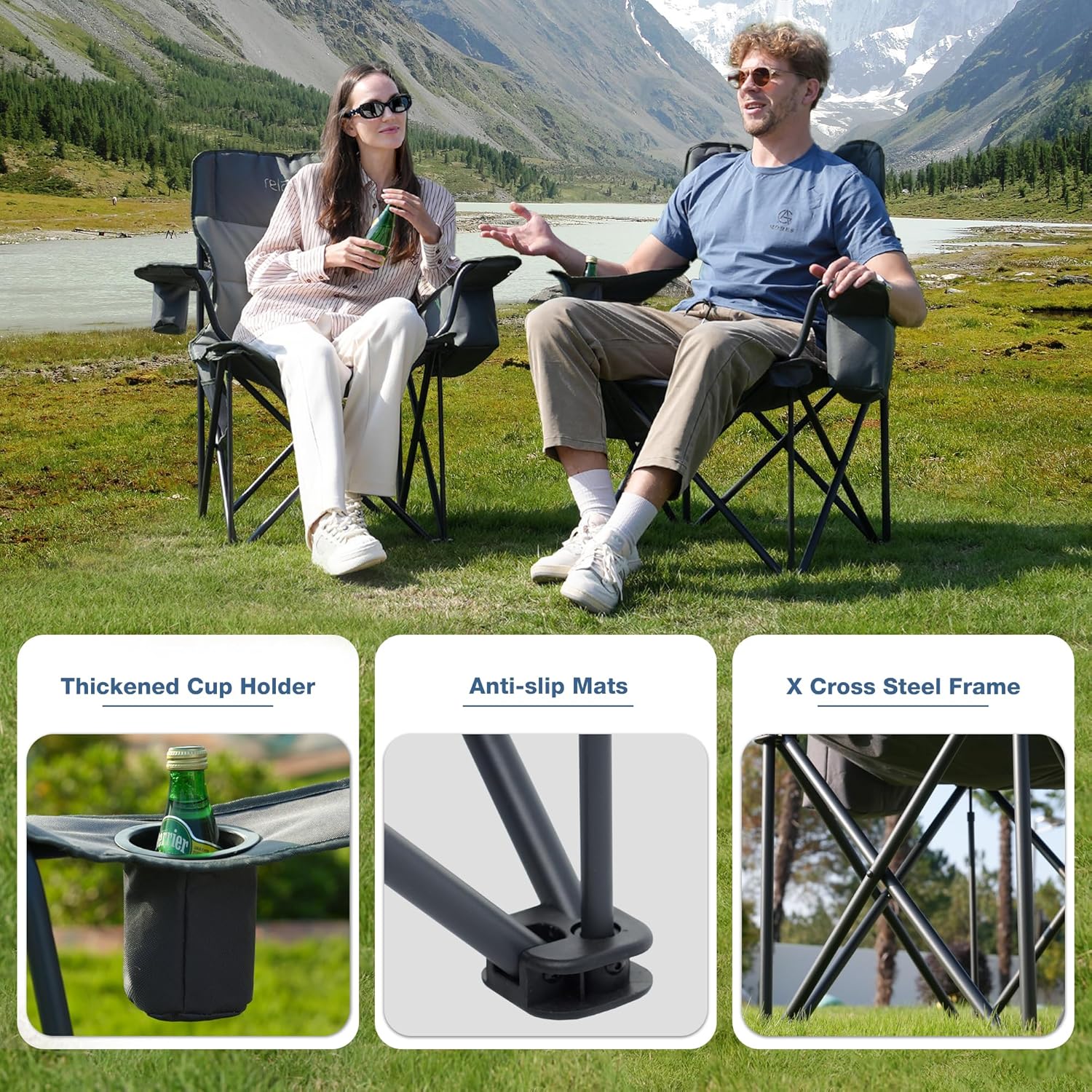 Detalle de RELAX FIELD Set of 2 Oversized Camping Chairs for Adults – Heavy Duty, 200kg Capacity, Cup Holder & Cooler Bag (Grey)