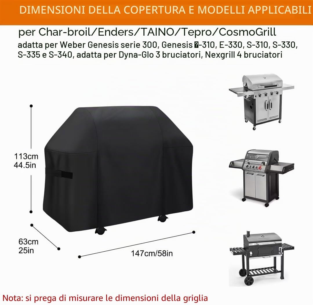 Detalle de Copertura Barbecue da Esterno – Copertura BBQ impermeabile in Oxford 600D, compatibile con Weber Genesis serie 300, Dyna-Glo a 3 bruciatori e Nexgrill a 4 bruciatori