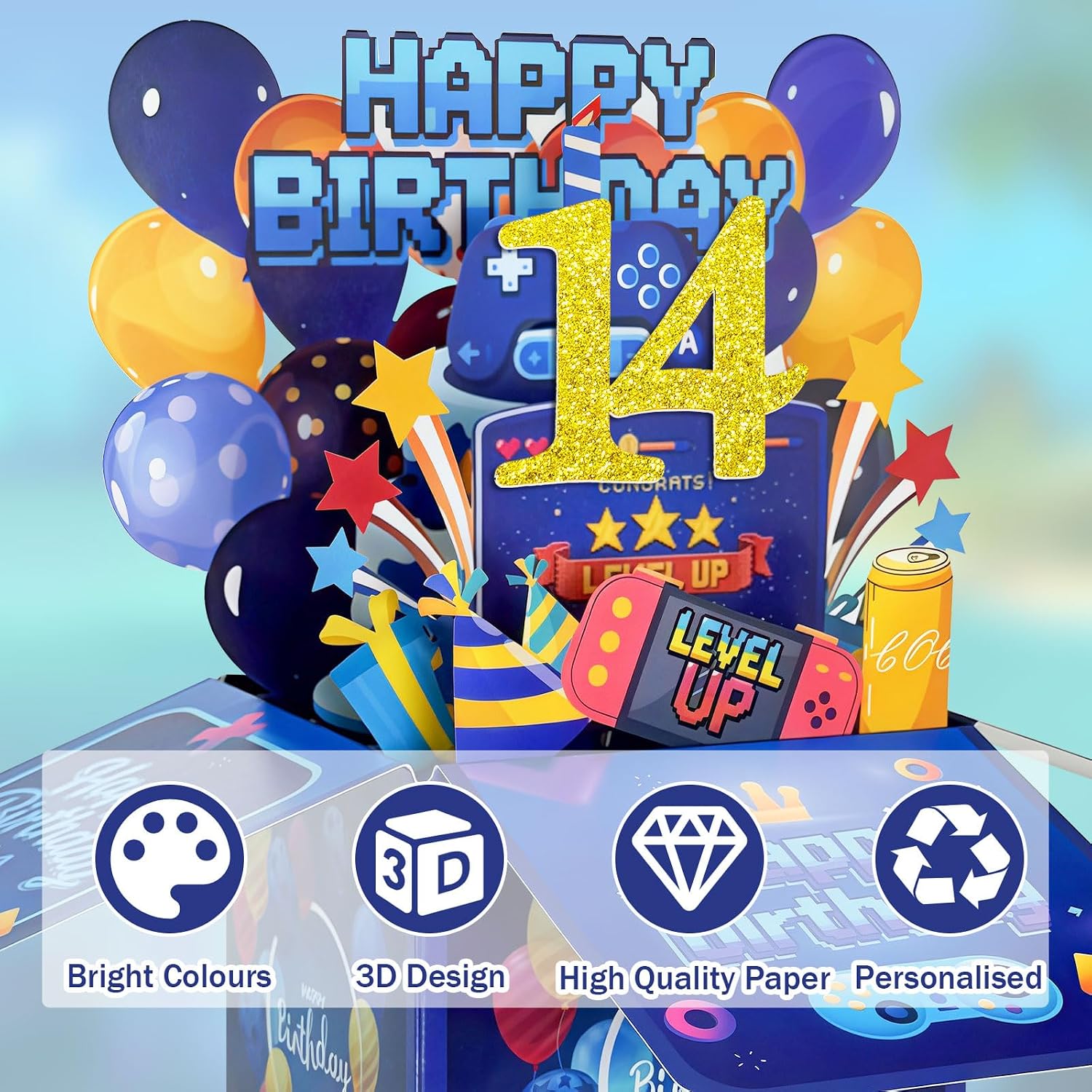 Detalle de Hierein 14th Birthday Card – Pop Up 14 with LEVEL UP design