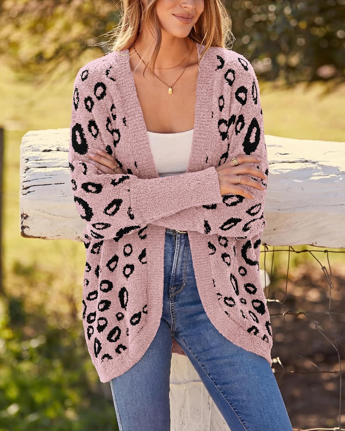 Detalle de BTFBM BT368 Leopard-Print Women's Cardigan, Batwing Sleeves, Loose Knit