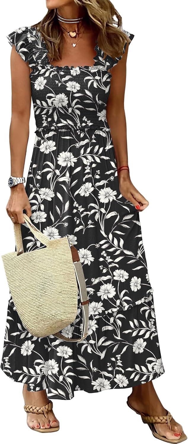 Thumbnail 6 de ANRABESS Womens Summer Sleeveless Maxi Dress: Boho Square Neck, Smocked, Flowing A-Line Sundress