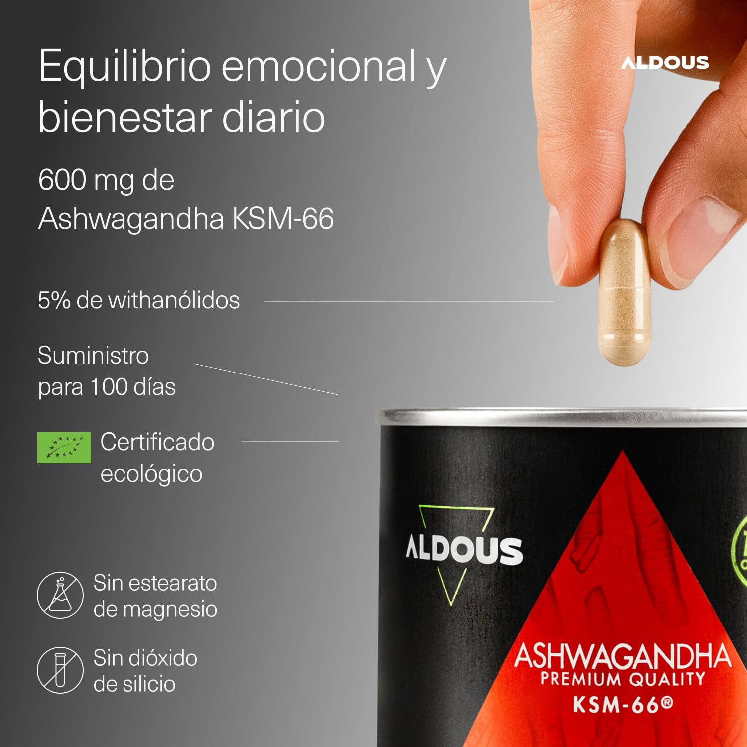 Thumbnail 1 de Ashwagandha KSM-66® Ecológica de Aldous Bio — 600 mg por cápsula, 100 días, sin aditivos ni plástico