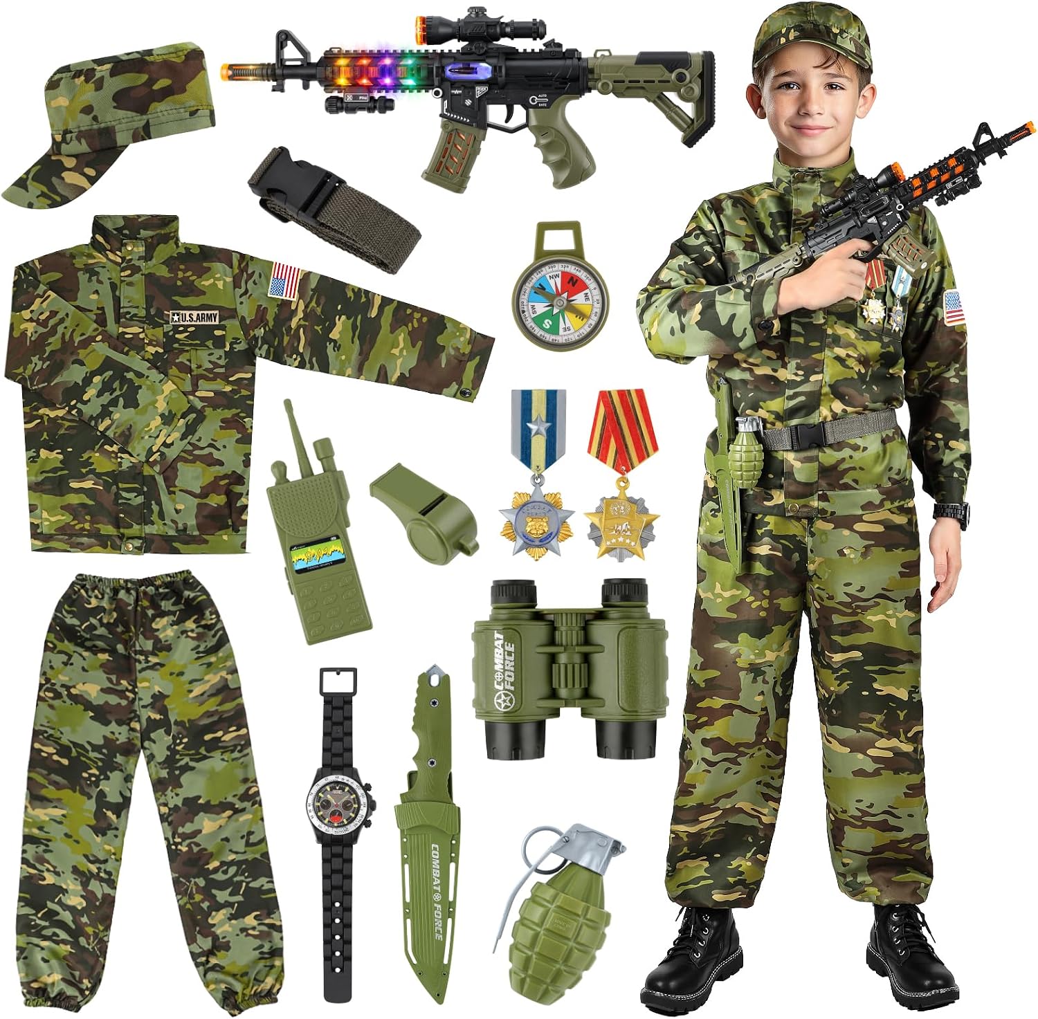 Thumbnail 6 de Metemot Kids Army Costume for Boys: Deluxe 14-Piece Army Dress-Up Set