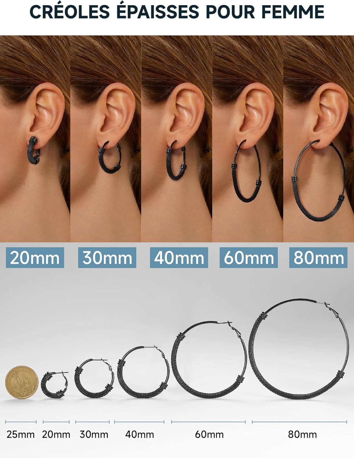 Thumbnail 5 de PROSTEEL Créoles en acier inoxydable 316L pour femme (anneaux de 20/30/40/60/80 mm) en plaqué or ou couleur noire