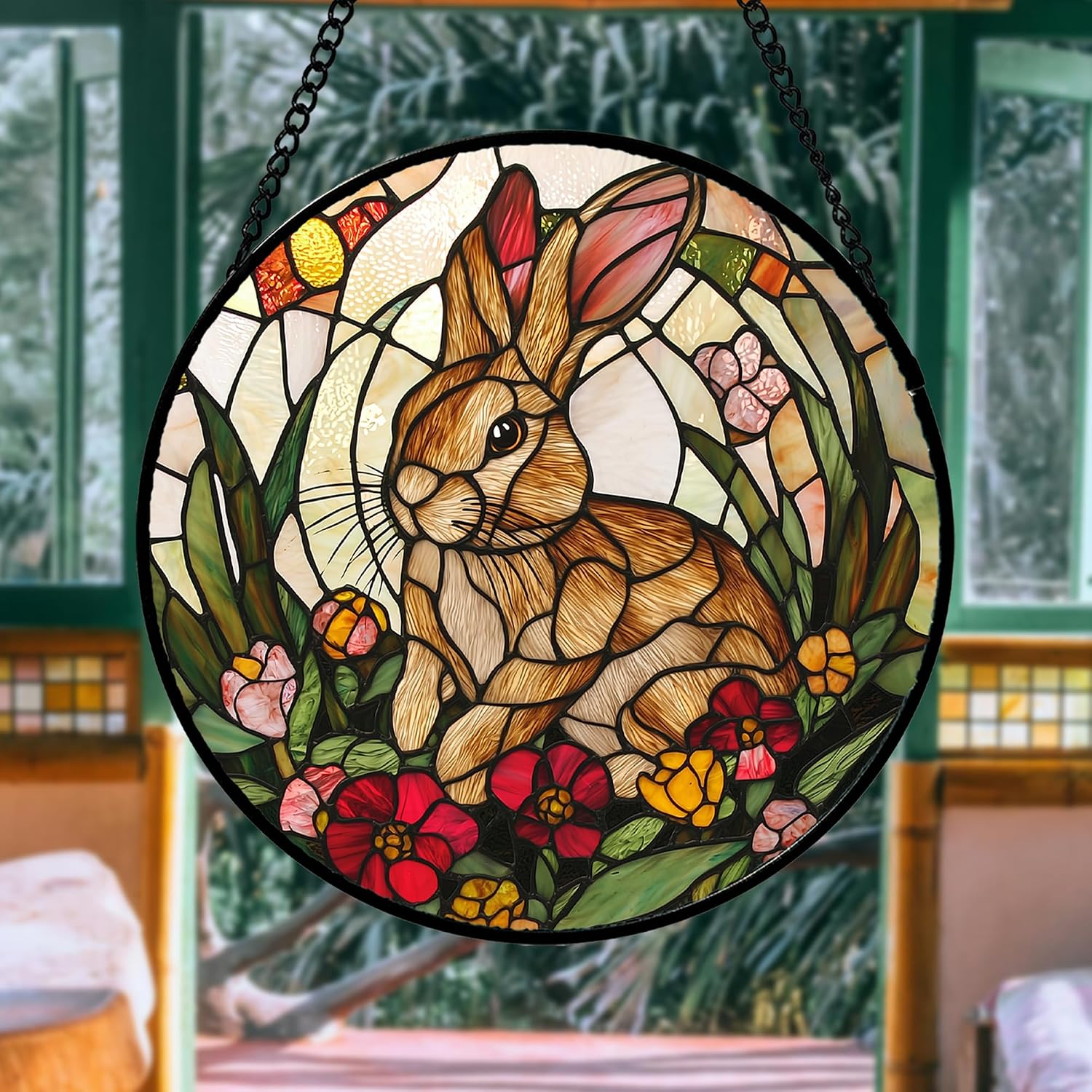 Detalle 1 de AMDERVEN 6.3-Inch Rabbit Glass Window Hanging, Green and Brown Suncatcher