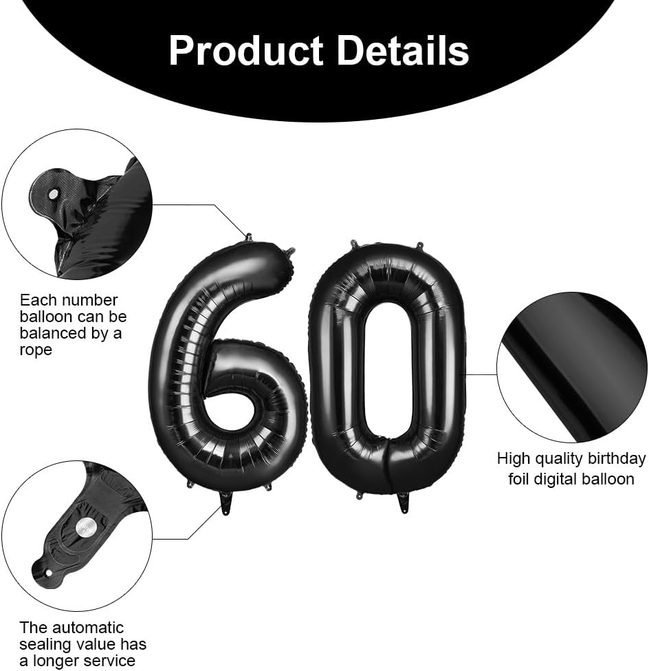 Detalle de OFFCUP Ballon d’anniversaire 60 ans noir, ballon chiffre 101 cm (foil) – lot de 2