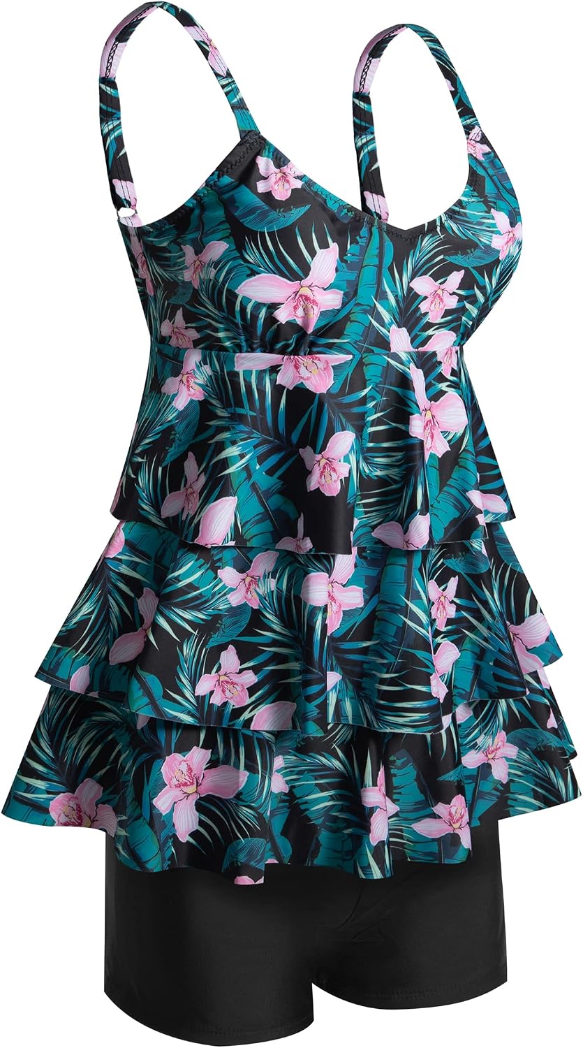 Detalle de ECUPPER Womens Tankini Sets: Ruffled Flounce Top with Printed Shorts, 2-Piece Plus Size Swimwear