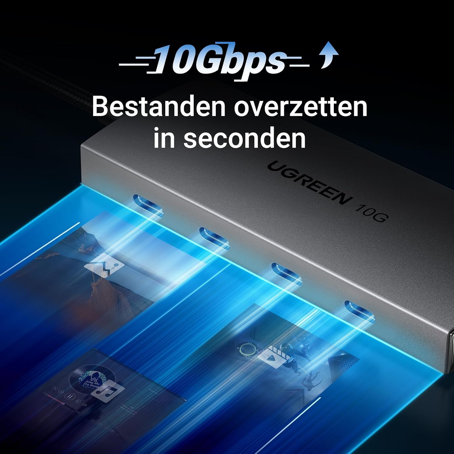 Detalle de UGREEN USB-C-hub 10 Gbps met 4 USB-C 3.2-poorten en aluminium behuizing