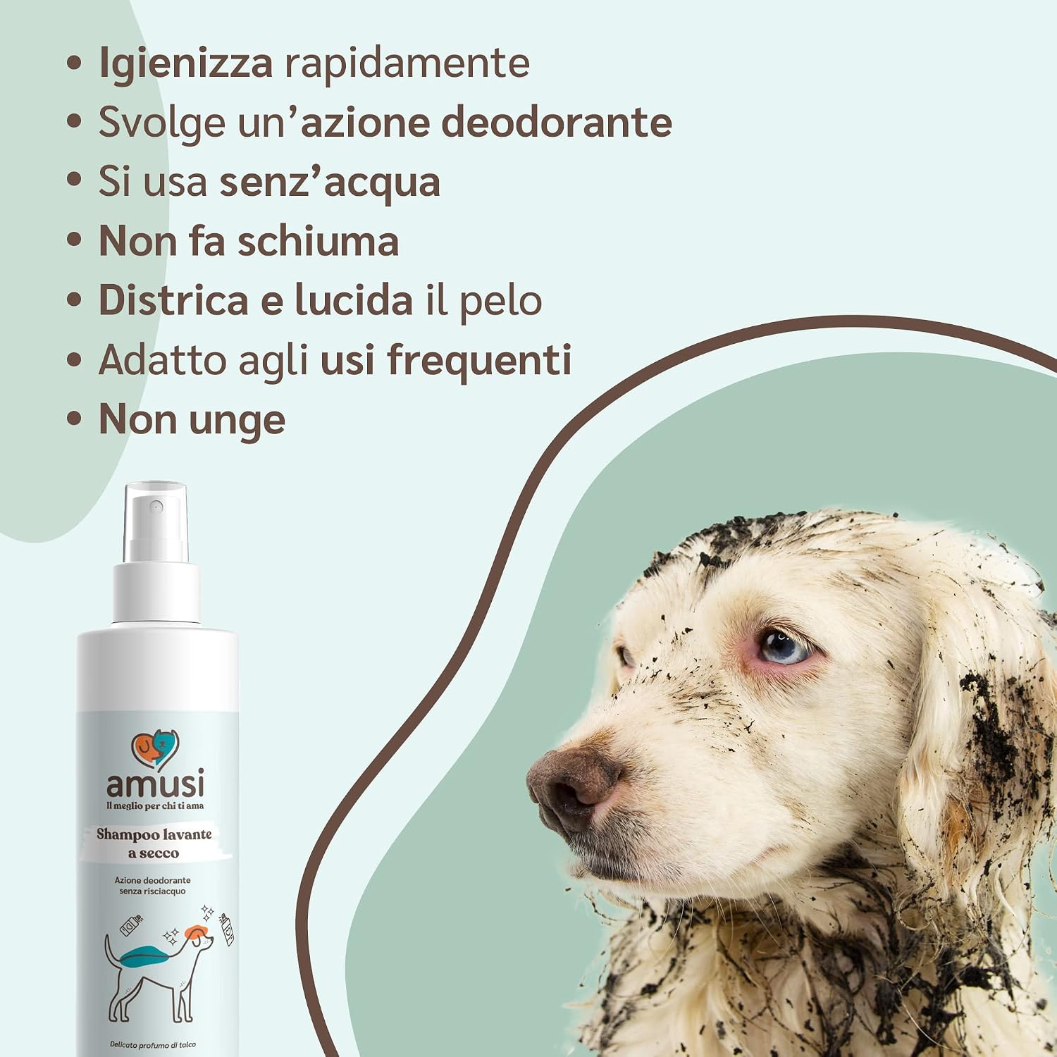 Detalle de amusi Shampoo Secco per Cani 250 ml Antiodore – spray senza risciacquo, naturale e vegano