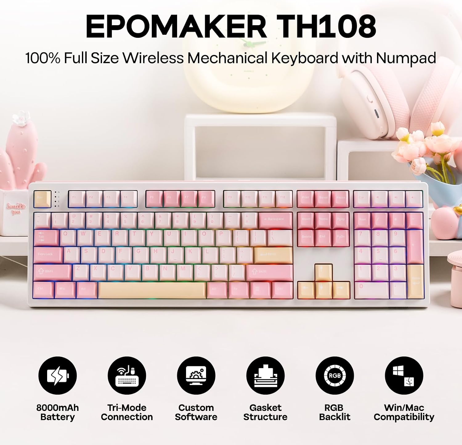 Thumbnail 1 de EPOMAKER TH108 Full Size Mechanical Keyboard (Wireless, Hot-Swap, 108 Keys) with 8000mAh Battery and RGB