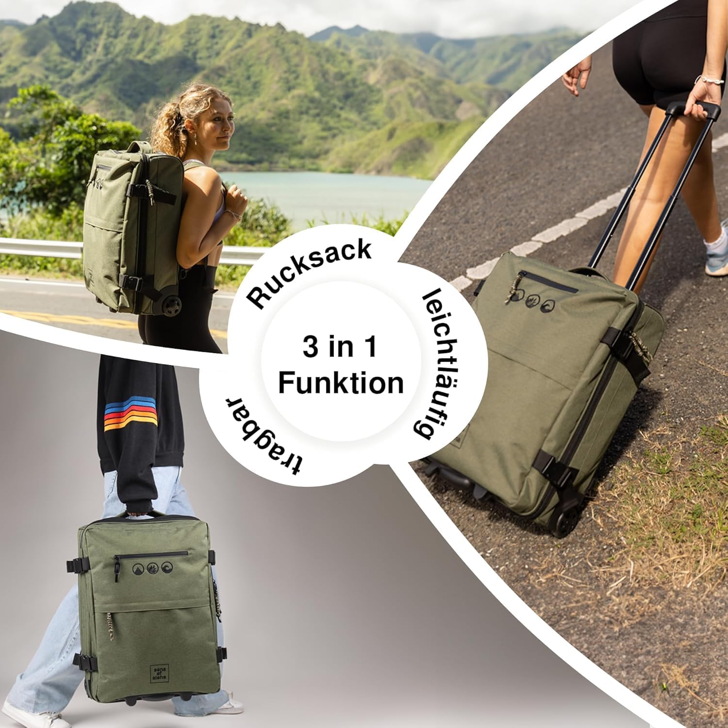 Detalle de SONS OF ALOHA Backpacker Rucksack mit Rollen 3 in 1 – 55 x 40 x 20 cm, grün-Olive