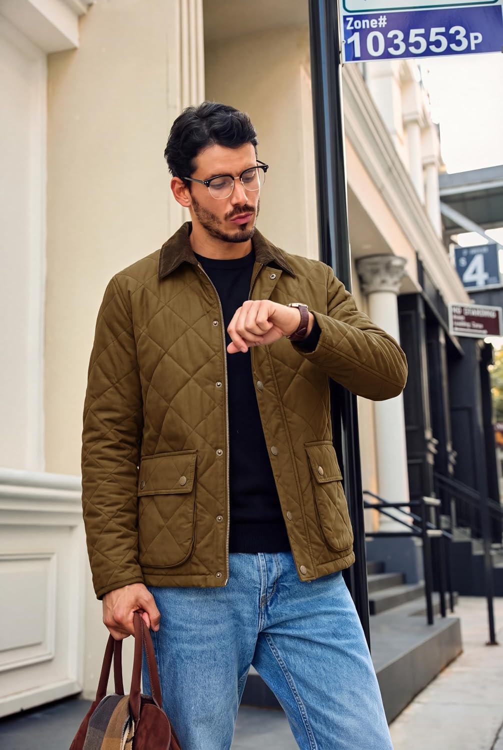 Detalle de Runcati Men's Diamond Quilted Bomber Jacket, Insulated with Corduroy Collar