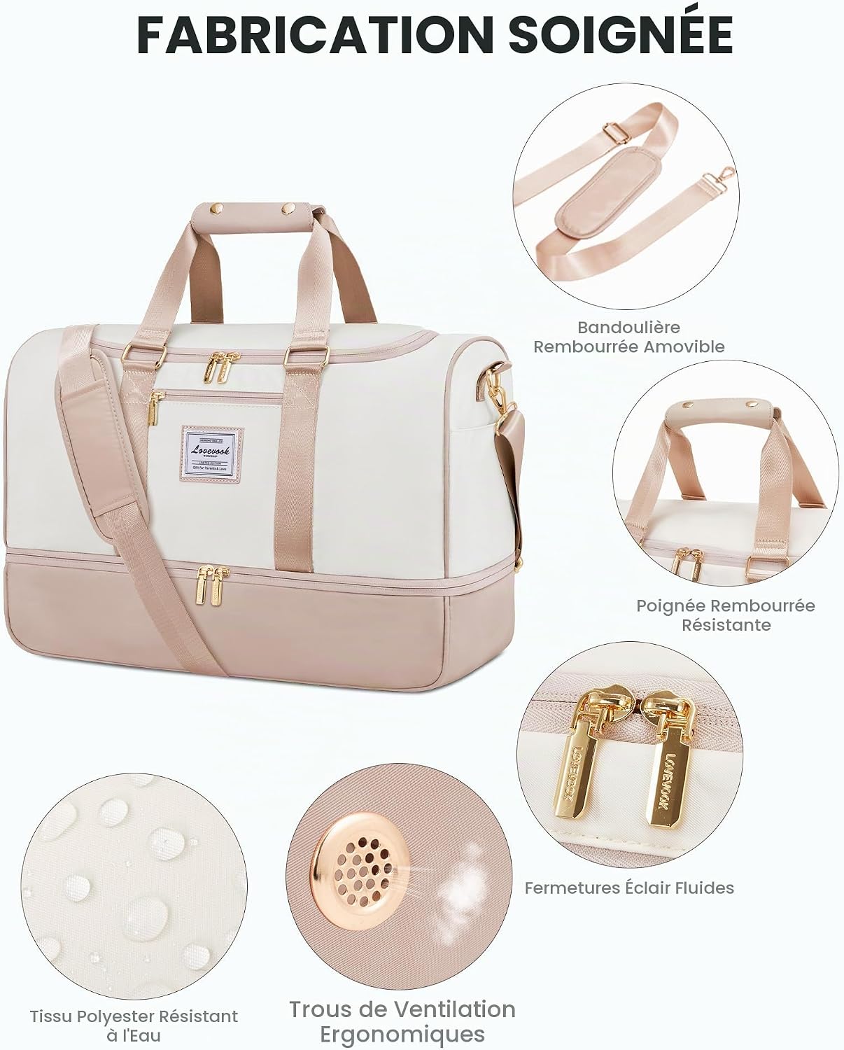 Detalle de LOVEVOOK reistas maat M in polyester met schoenenvak en nat vak, beige/nuder roze