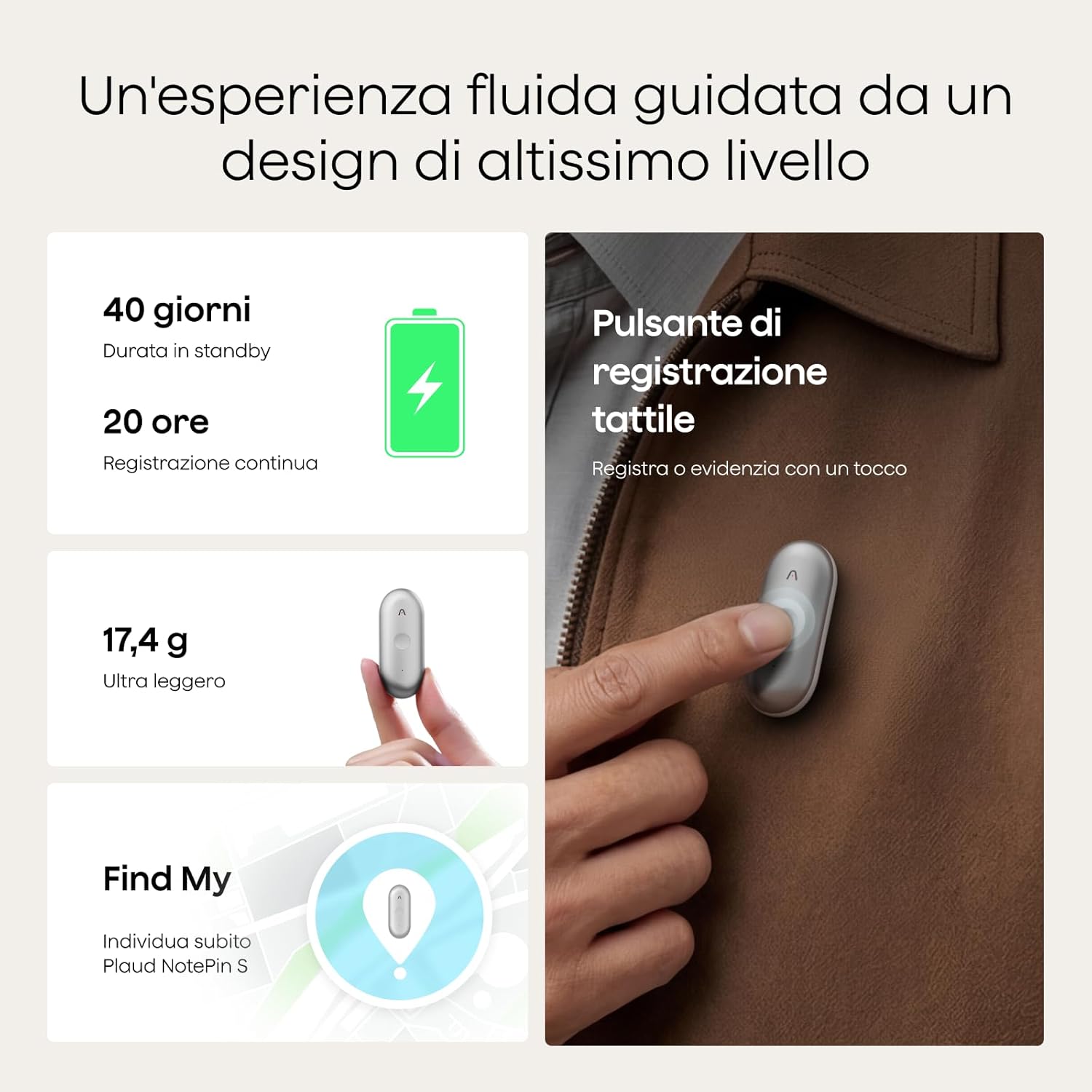 Detalle de Plaud NotePin S Registratore Vocale AI: Registrazione tattile, trascrizione multi-lingue e riassunti professionali