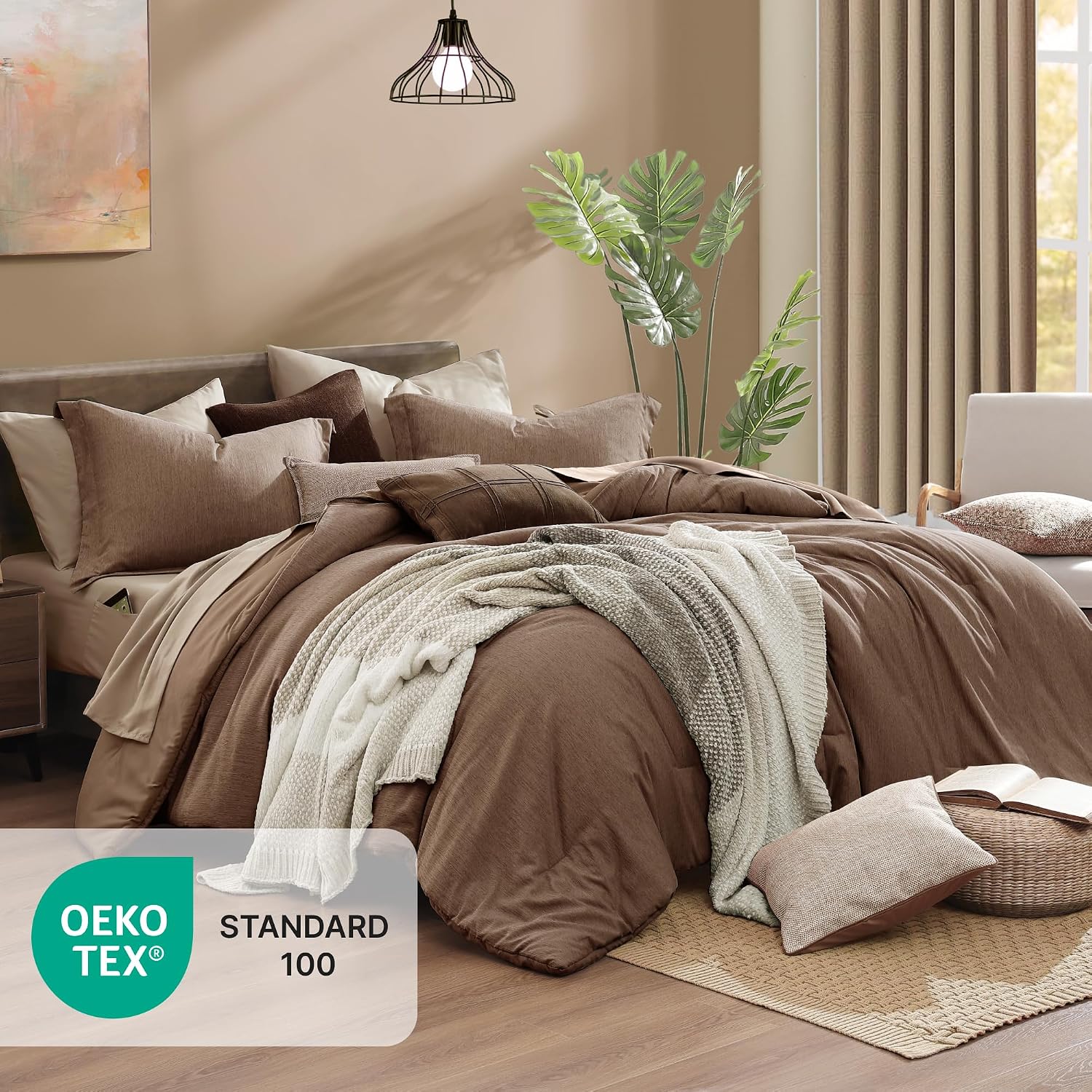 Detalle 2 de Monbix King Size Comforter Set, 7-Piece Brown Reversible Bedding