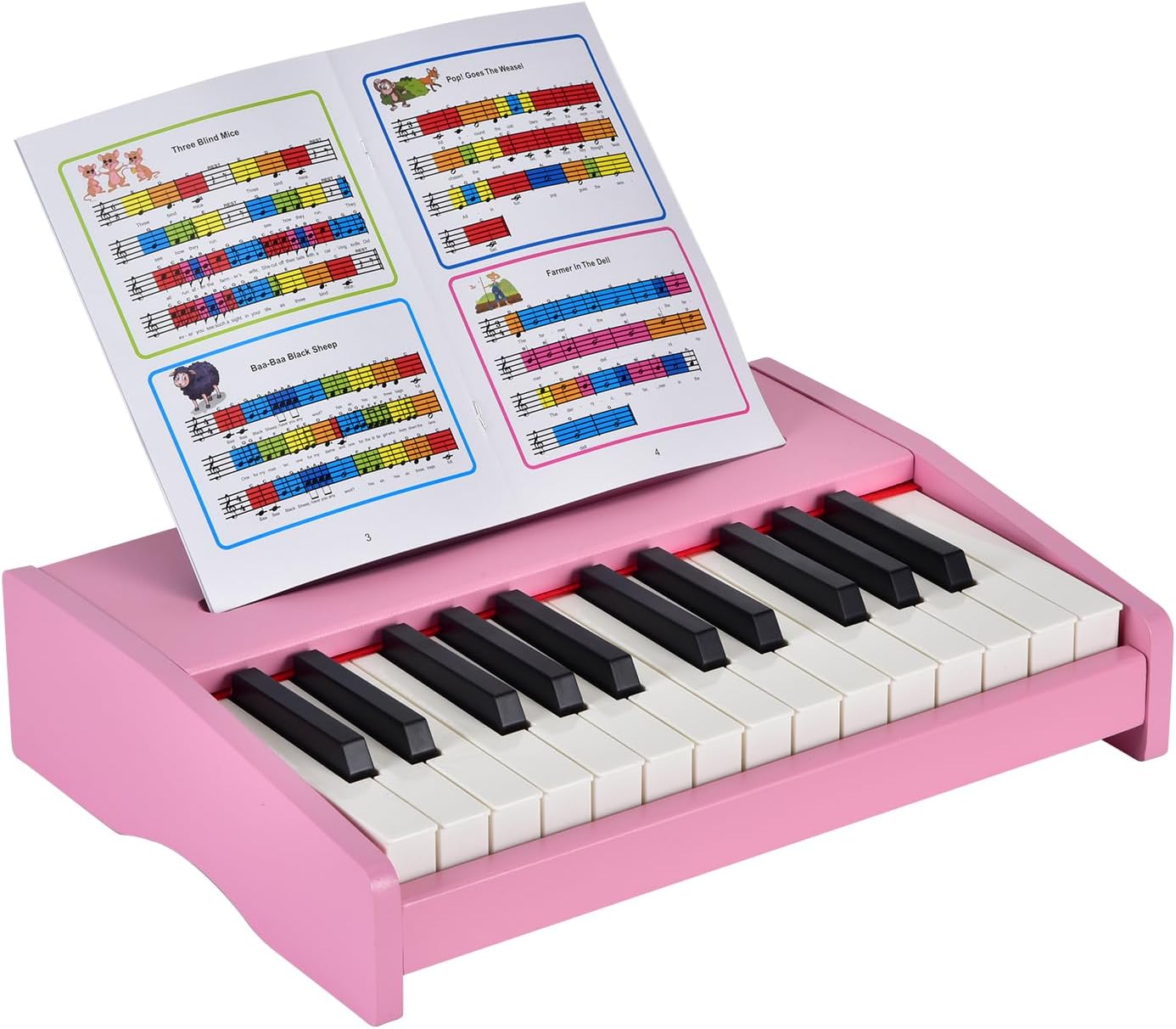 Detalle de Kids Piano Keyboard Toys – 25-key digital wooden piano with songbook, sticker set and English lyrics (Pink)