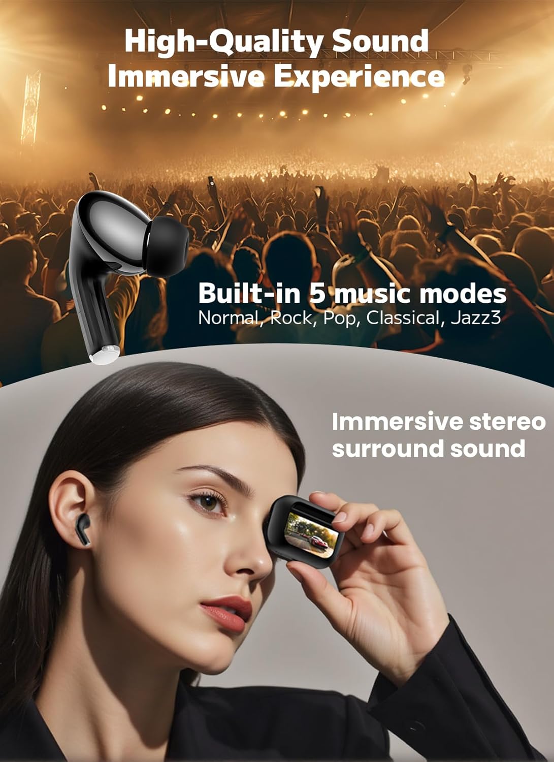 Detalle de ZZU Wireless Earbuds with Smart Touchscreen Case – Bluetooth 5.4, ENC Calls, ANC Noise Cancellation and 48-Hour Battery