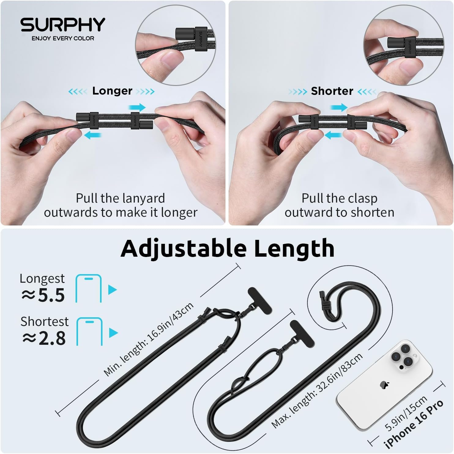 Thumbnail 5 de SURPHY Crossbody Phone Lanyard, Adjustable 17–32-Inch Strap, 2 Tether Tabs