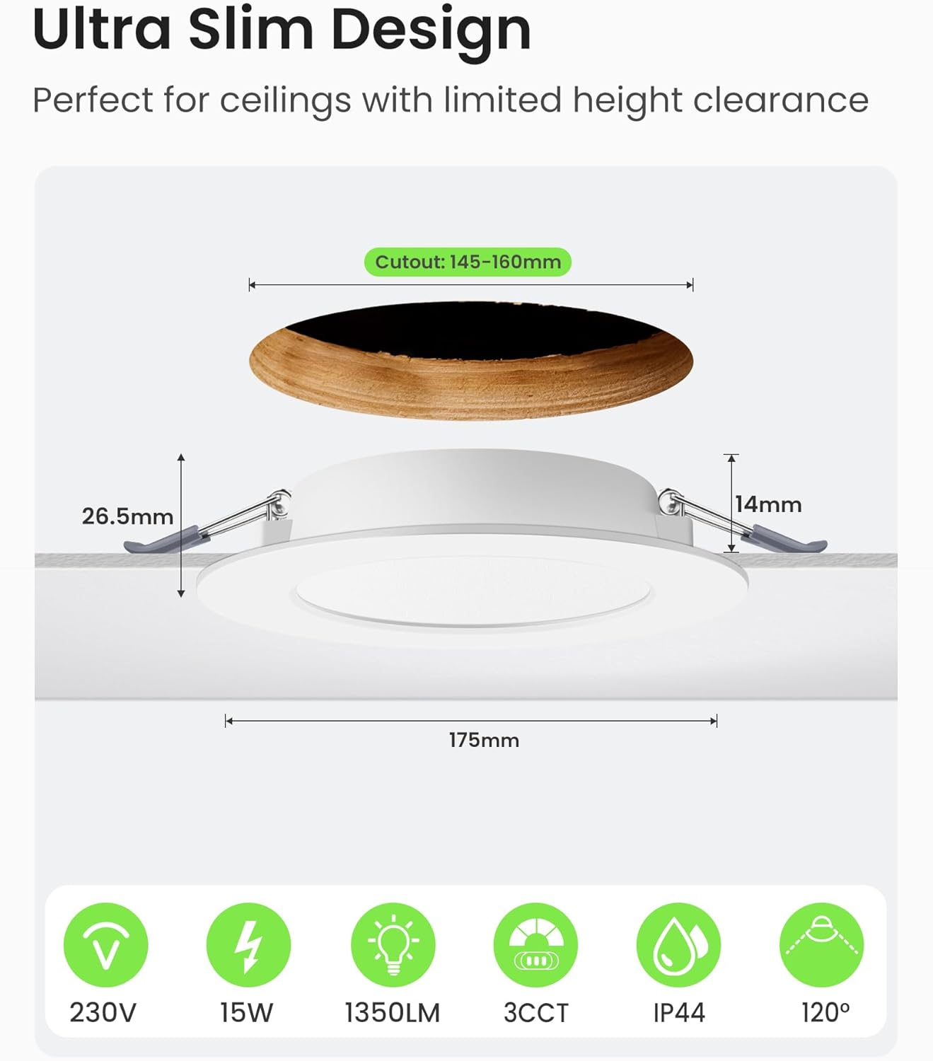 Detalle 2 de ALUSSO 15W Slim LED Panel Downlights – 6 Pack, 3CCT with Memory, IP44 Waterproof