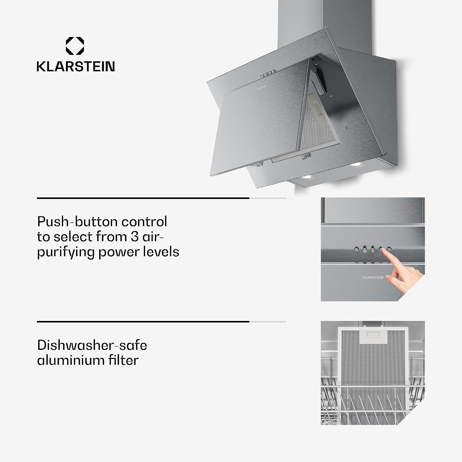 Detalle de Klarstein Athena 60 cm Angled Cooker Hood, Stainless Steel, LED, 3 Speeds