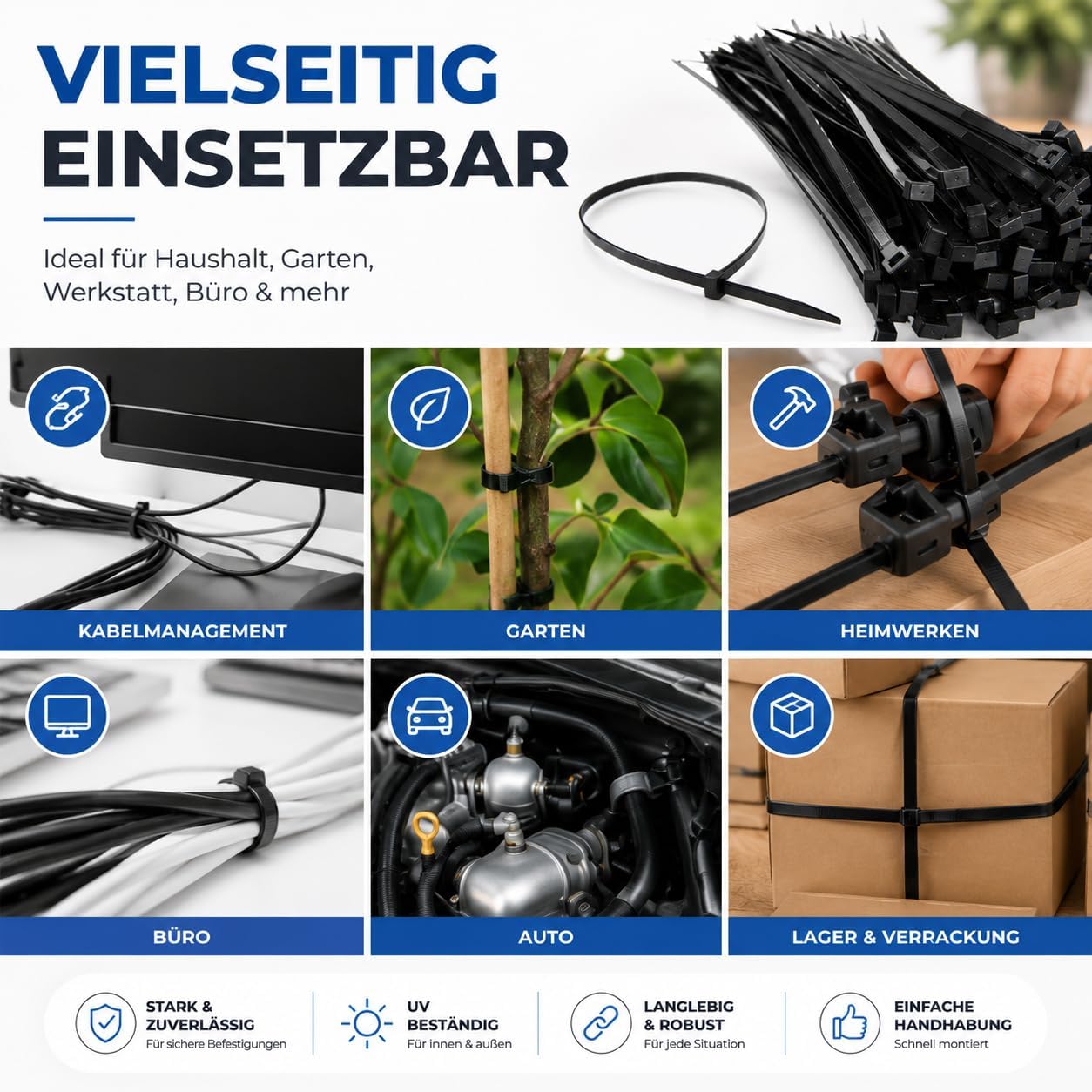 Detalle de TK Gruppe Timo Klingler 100x Kabelbinder schwarz Set (kurz & lang, reißfest, UV-beständig)