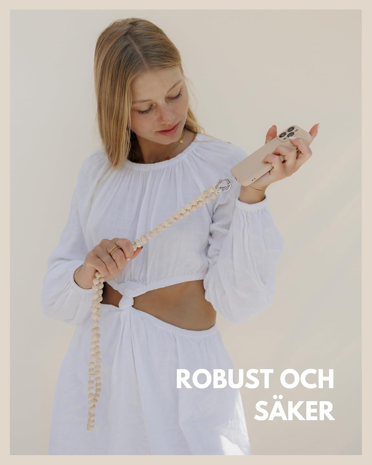 Thumbnail 2 de Telefonkedja med träpärlor, 130 cm – nackband med patch för mobilskal