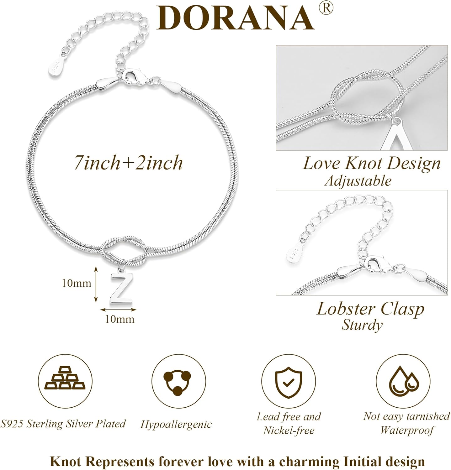 Thumbnail 1 de DORANA Sterling Silver Initial Bracelet with Love Knot – 6.5in + 2in extension