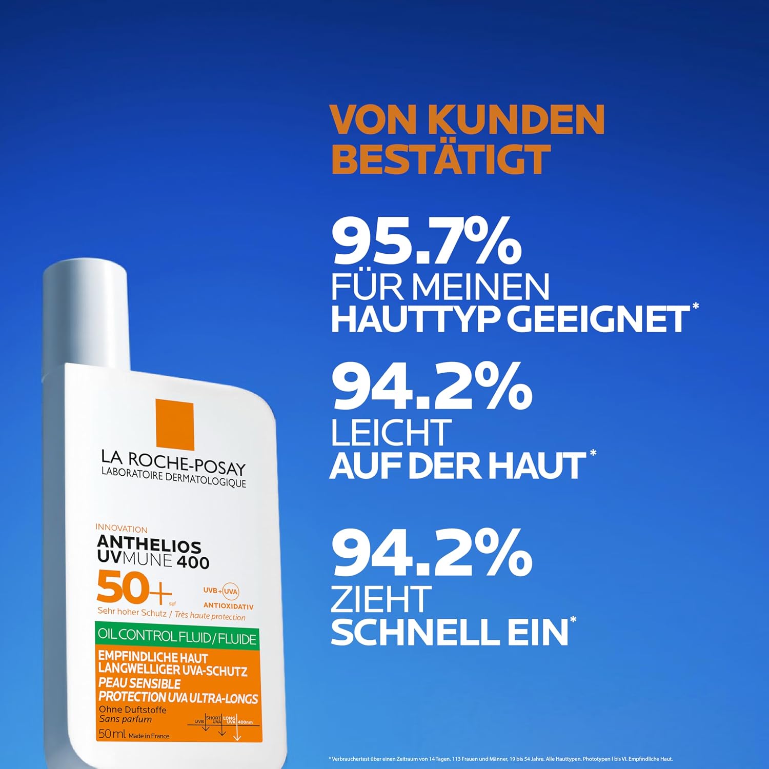 Detalle de La Roche-Posay Anthelios UVmune 400 Oil Control Fluid LSF 50+ Sonnenfluid – für ölige Haut, transparent, 50 ml