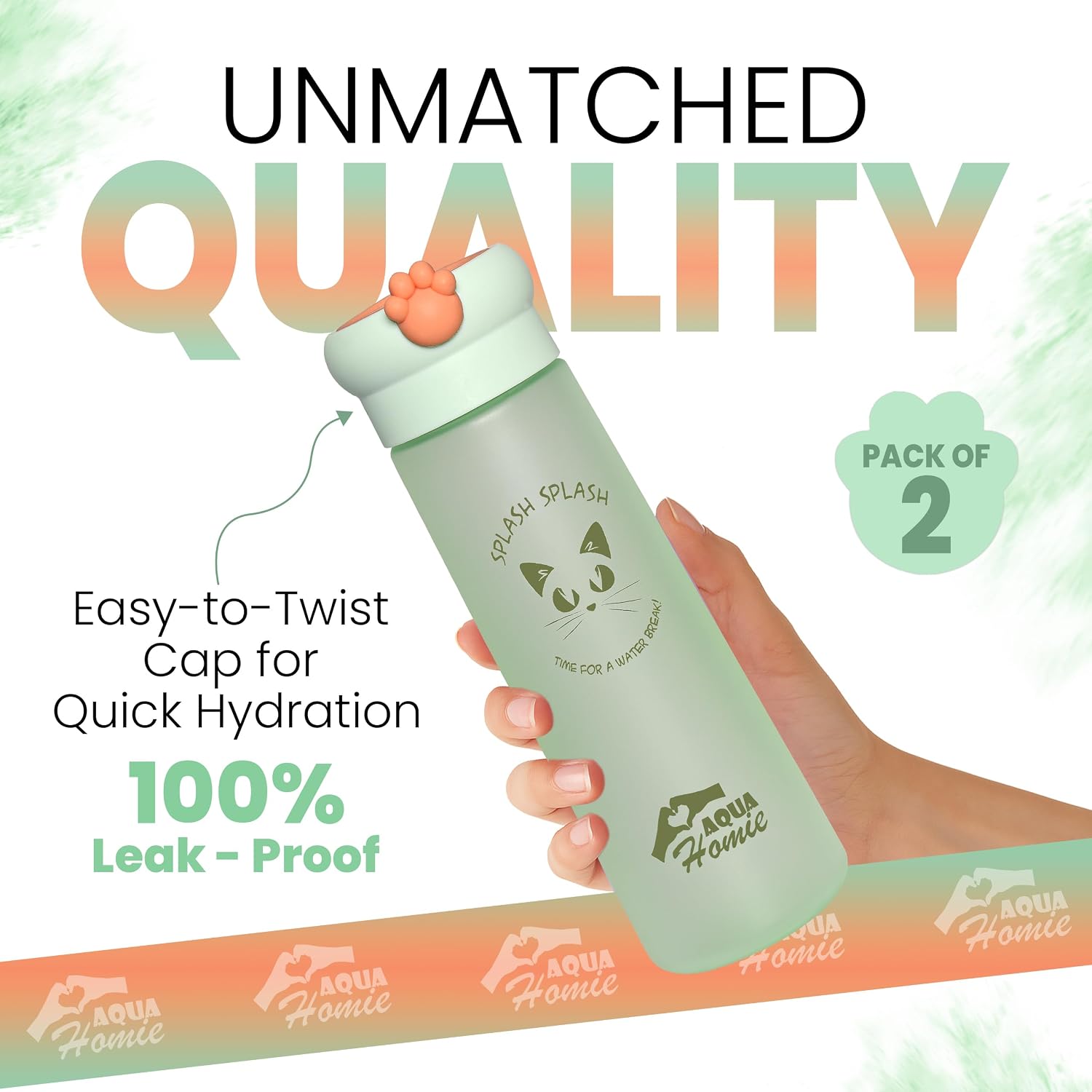 Detalle 2 de AQUA HOMIE 2-pack 530ml motivational water bottles with paw lid (leakproof, BPA-free) – Green & Orange