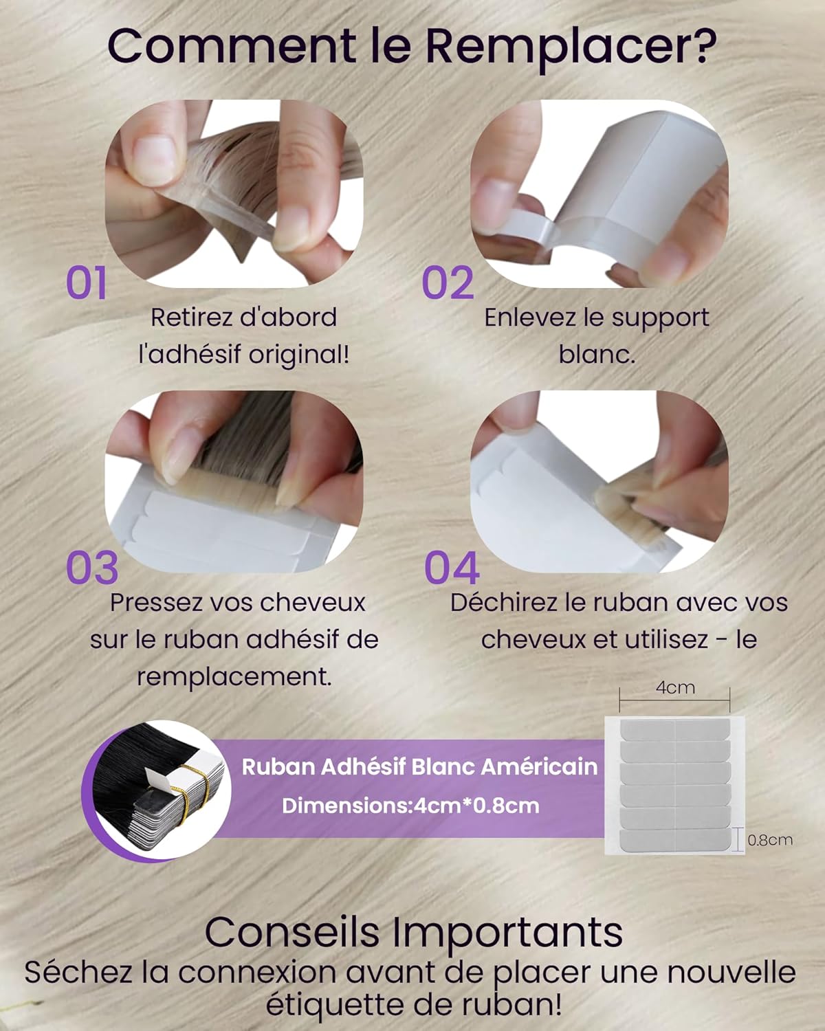 Detalle de LaaVoo Extensions cheveux adhésives platine (vrais cheveux humains) 20 mèches, 40 cm