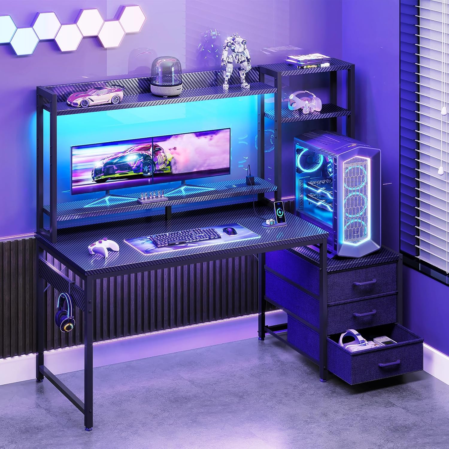 Detalle de Coleshome Gaming Desk with Drawers & Display Shelves, 120×48 cm – LED Lights, Built-in Socket, Reversible Monitor Stand