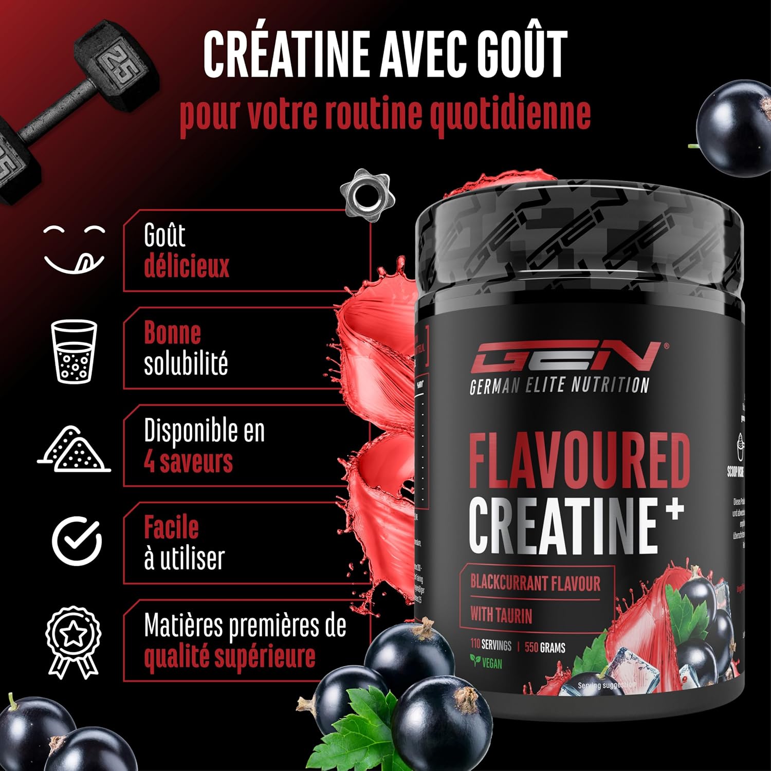 Detalle de Flavoured Creatine poudre – 550 g, Creatine Monohydrate + L-taurine, Saveur Fraise – vegan & sans sucre