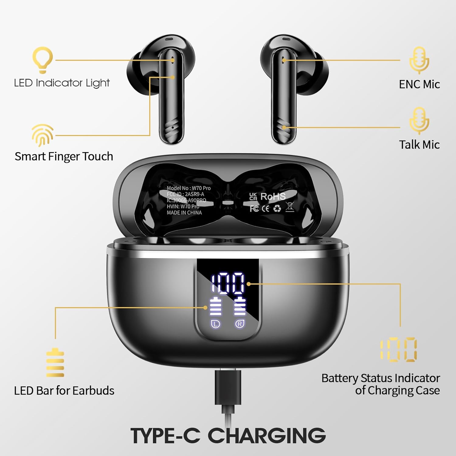 Thumbnail 4 de Wireless Earbuds (Bluetooth 5.4) with 4 Noise Cancelling Mic, 46H Battery, IPX7 Earphones for Android & iOS — Black